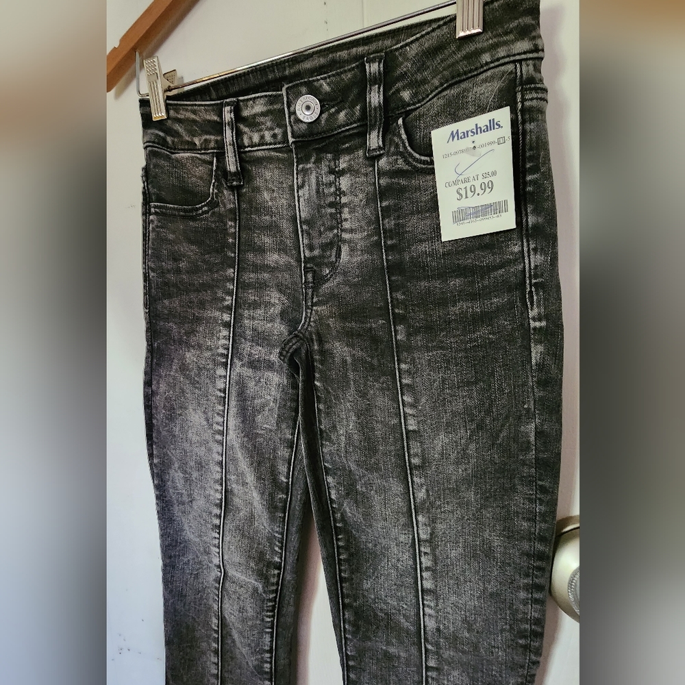 Dark Wash Distressed Black Sharkbite Skinny Jeans - Picture 2 of 11